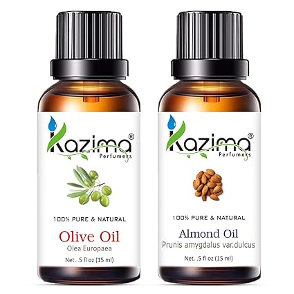 KAZIMA Olive & Almond Oil Combo – 100% Pure Cold Pressed Oils for Hair, Skin & Massage, 15 ml Each