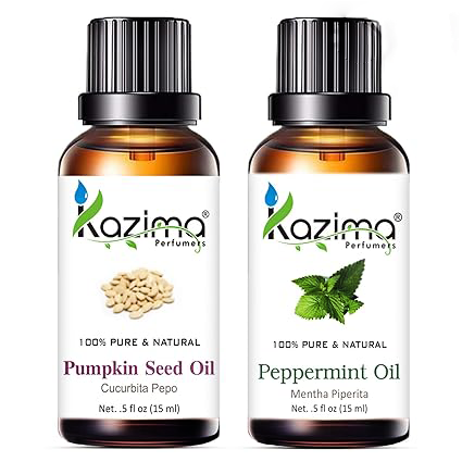 KAZIMA Pumpkin Seed & Peppermint Oil – Pure Carrier & Essential Oils for Hair Growth, Dandruff, Skin Nourishment & Acne Care, 15 ml Each