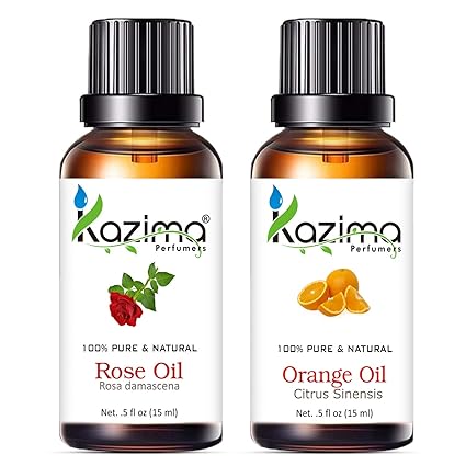 KAZIMA Combo of Rose Oil & Orange Essential Oil – Glow-Boosting Skin & Body Oil, 100% Pure & Natural, 15 ml Each