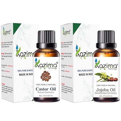KAZIMA Combo of Cold Pressed Castor Carrier Oil and Jojoba Carrier Oil – 100% Pure & Natural Oils for Hair Growth, Glowing Skin & Full Body Nourishment – 15ml Each