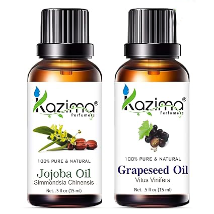 KAZIMA Combo of Jojoba Oil & Grapeseed Oil – 100% Pure Cold Pressed Carrier Oil for Acne, Wrinkles, Skin Hydration & Hair Fall Control, 15 ml Each