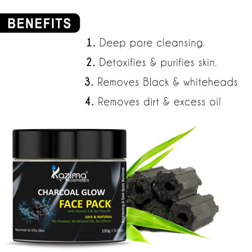 Charcoal Glow Face Pack for Brightening, Detox & Deep Cleansing – With Tea Tree & Vitamin E (100g)