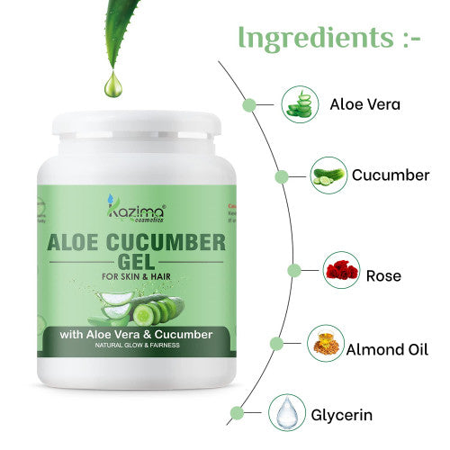 Kazima Aloe Cucumber Gel with Pure Aloe Vera & Cucumber for Face, Skin & Hair – Exfoliates, Moisturizes, Reduces Acne Scars, Wrinkles, Sunburn & Dark Circles