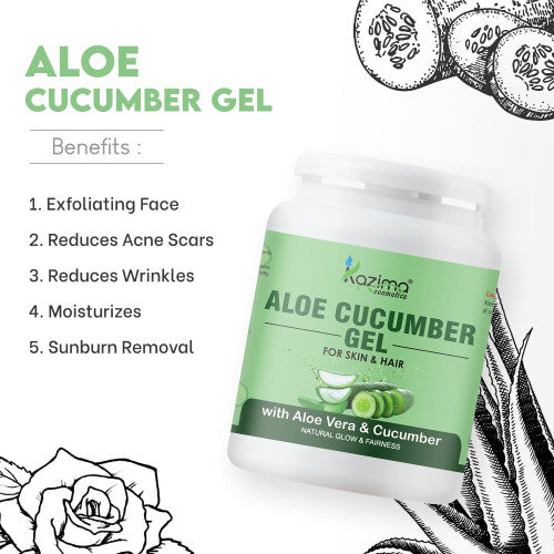 Kazima Aloe Cucumber Gel with Pure Aloe Vera & Cucumber for Face, Skin & Hair – Exfoliates, Moisturizes, Reduces Acne Scars, Wrinkles, Sunburn & Dark Circles