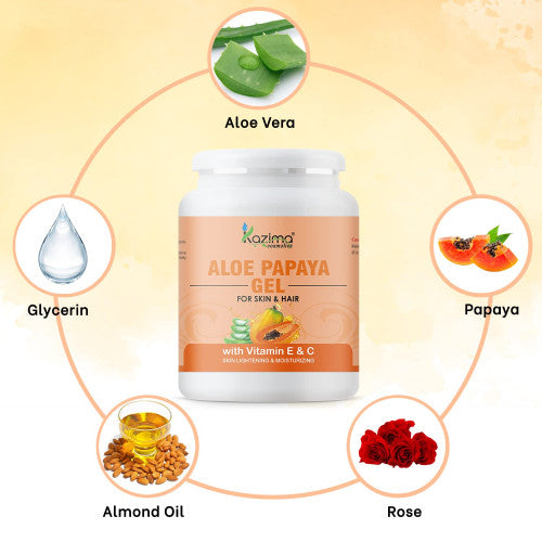 Kazima Aloe Papaya Gel with Pure Aloe Vera, Papaya, Vitamin C & E – Anti-Aging, Moisturizing, Brightening, Acne Scar, Wrinkle, Sunburn & Dark Circle Care