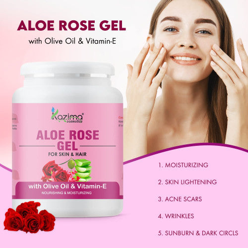 Kazima Aloe Rose Gel for Face and Body with Pure Aloe Vera & Rose Extract – Soothing Hydration, Moisturizing & Skin Glow for Sensitive Skin